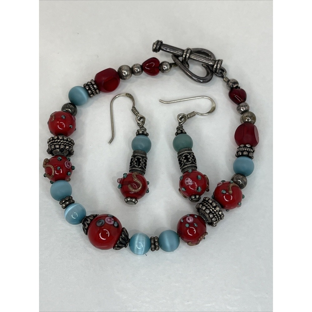 Vintage Red and Blue Matching Bracelet & Dangle Earring Set